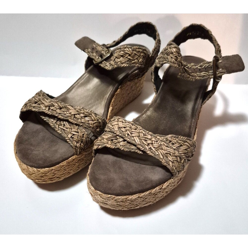 Stuart Weitzman Women's Weave Khaki Gray Wedge Sandals Adjustable Strap Size 11